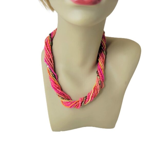 PINK and Orange Necklace, Beaded Twist 13 Strand Bead Necklace - Picture 3 of 10
